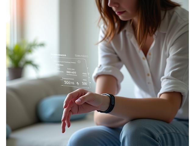 Άνθρωπος που χρησιμοποιεί ένα φορητό wearable device, με ολογραφικά δεδομένα υγείας να προβάλλονται γύρω του, σε ένα φουτουριστικό αλλά οικείο περιβάλλον, που υποδηλώνει την ενσωμάτωση της τεχνολογίας στον τρόπο ζωής.