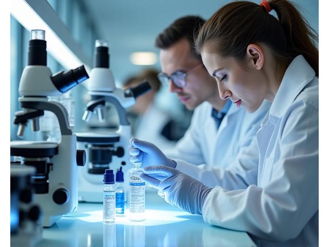 Επιστήμονες σε εργαστήριο εξετάζουν μεθοδικά προϊόντα ευεξίας για αξιολόγηση.